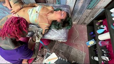 Tattoo Shop BTS  Girl Touches Her Pussy While Getting Arm Tattooed