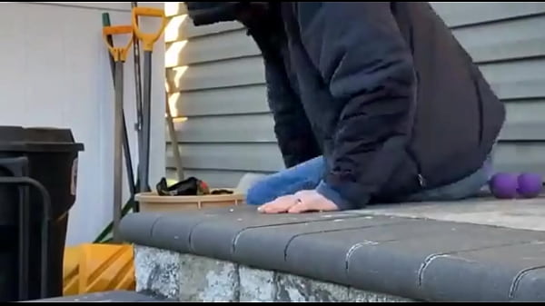 Grinding Massage Balls with Pelvis and thighs on Steps in Jeans