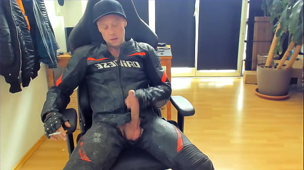 Jerkoff and cumshot in dirty biker leather while smoking