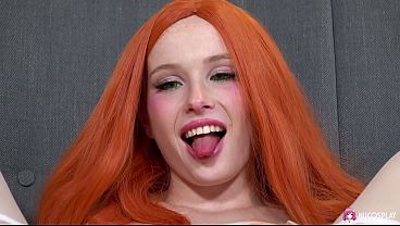 Horny slutty redhead Arielka fingers her shaved pussy and enjoys it with a sex toy